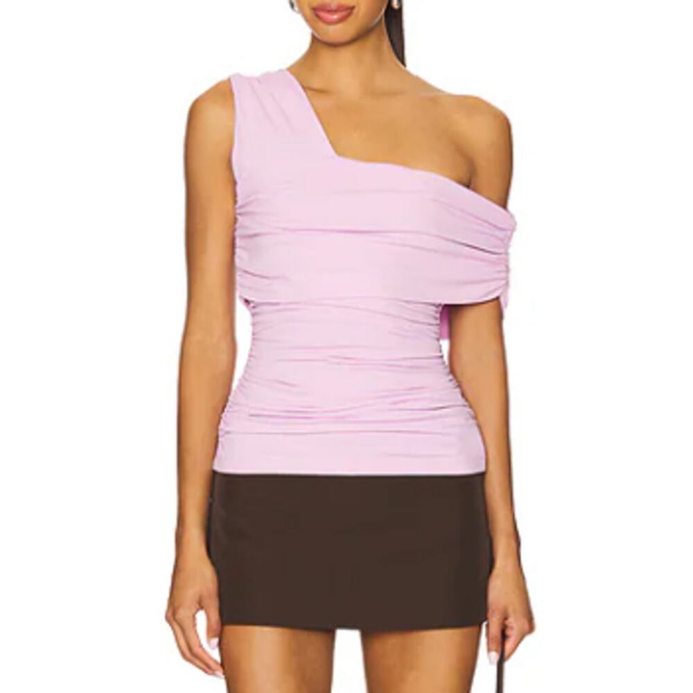 Susana Monaco One Arm gathered Top $138 retail pink diamond lavender NWT Small